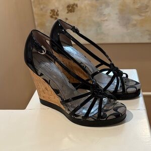 Vintage Coach Black and Gray Patterned Wedge Sandals